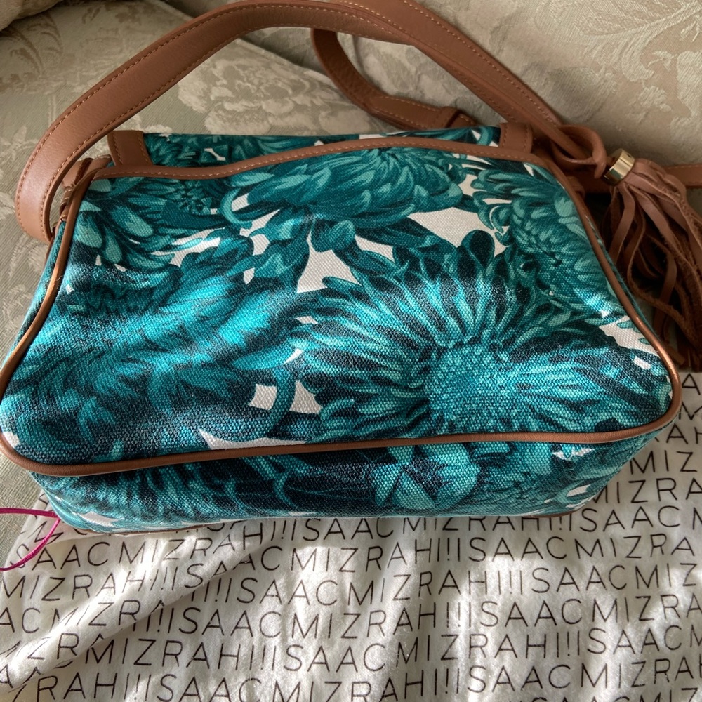 Isaac Mizrahi teal floral print crossbody, with Carmel trim - Picture 10 of 15